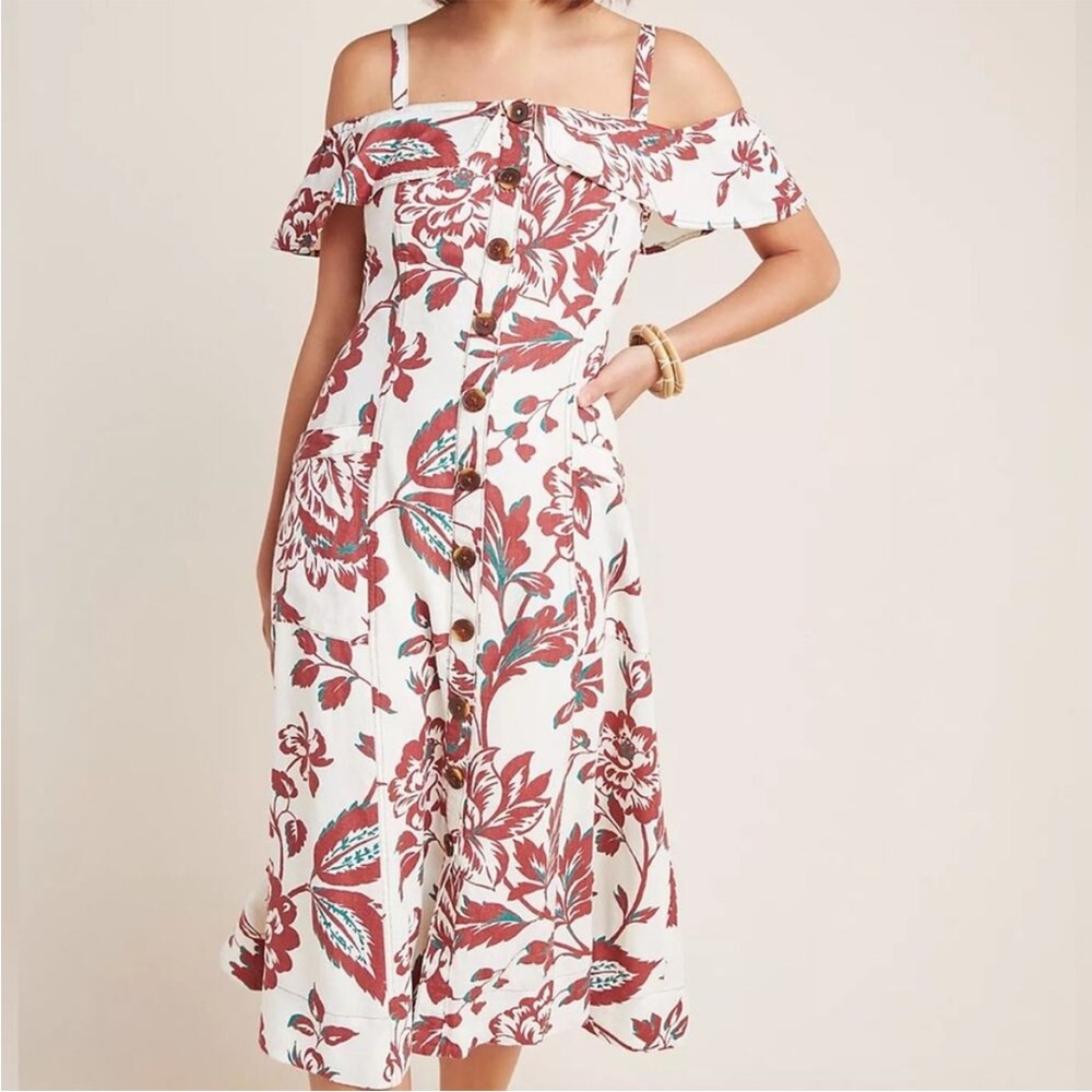 Anthropologie Red and White Floral Midi Dress